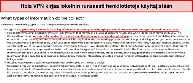 N&auml;ytt&ouml;kuva Hola VPN -tietosuojak&auml;yt&auml;nn&ouml;st&auml;, jossa se kirjaa IP-osoitteen