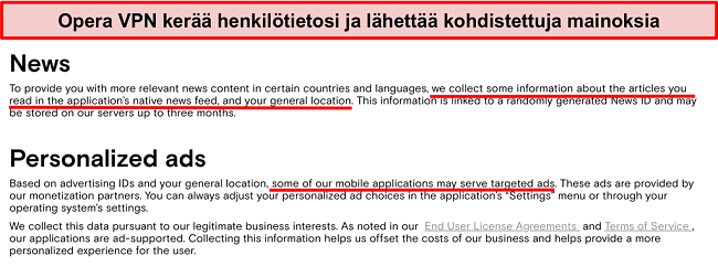 N&auml;ytt&ouml;kuva Opera VPN: n tietosuojak&auml;yt&auml;nn&ouml;st&auml;, jossa se kirjaa k&auml;ytt&auml;jien henkil&ouml;kohtaiset tiedot ja l&auml;hett&auml;&auml; kohdistettuja mainoksia