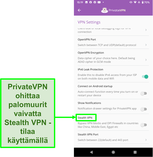 N&auml;ytt&ouml;kuva PrivateVPN Android -sovelluksesta, joka n&auml;ytt&auml;&auml; Stealth VPN -ominaisuuden, joka auttaa ohittamaan VPN-estot
