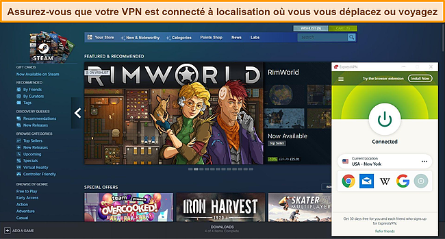 Capture d'&eacute;cran du tableau de bord Steam avec ExpressVPN connect&eacute; &agrave; un serveur am&eacute;ricain.