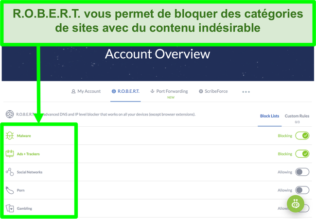 Capture d'&eacute;cran de la page des param&egrave;tres de Winscribe affichant des options pour bloquer les publicit&eacute;s, les logiciels malveillants et les cat&eacute;gories de sites Web