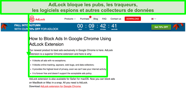 Capture d'&eacute;cran du site Web AdLock indiquant qu'il n'a pas de politique relative aux 