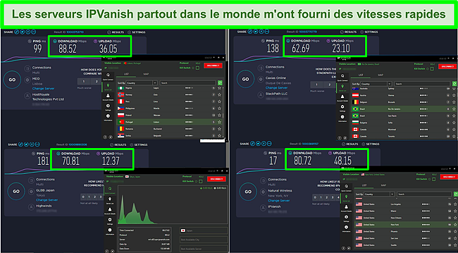 Capture d'&eacute;cran des tests de vitesse IPVanish sur le bureau.