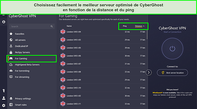 Capture d'&eacute;cran des serveurs de jeux d&eacute;di&eacute;s de CyberGhost avec les options de ping et de tri &agrave; distance mises en &eacute;vidence.