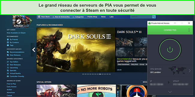 Capture d'&eacute;cran de PIA connect&eacute; &agrave; un serveur britannique avec un tableau de bord Steam clairement accessible.
