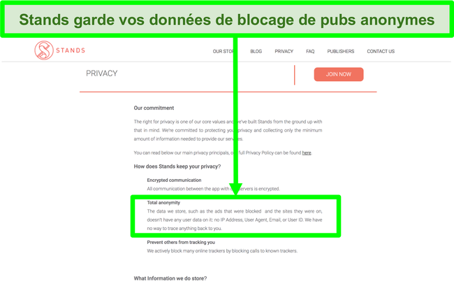 Capture d'&eacute;cran du site Web de Stands indiquant que les donn&eacute;es dont il dispose sur les publicit&eacute;s bloqu&eacute;es ne sont jamais li&eacute;es aux informations personnelles des utilisateurs