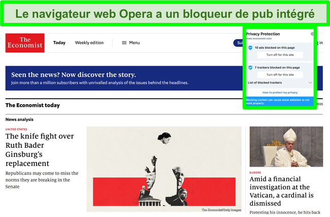 Capture d'&eacute;cran du bloqueur de publicit&eacute;s int&eacute;gr&eacute; d'Opera Brower supprimant les publicit&eacute;s du site Web TechCrunch