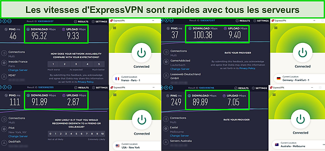 Capture d'&eacute;cran d'ExpressVPN connect&eacute; &agrave; plusieurs serveurs et des r&eacute;sultats des tests de vitesse ex&eacute;cut&eacute;s sur ces serveurs.