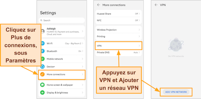 Capture d'&eacute;cran des param&egrave;tres Android montrant comment ajouter manuellement un profil VPN