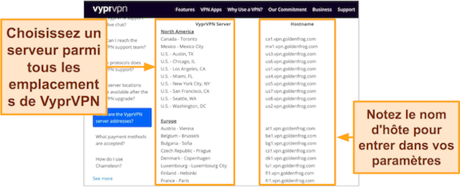 Capture d'&eacute;cran de la liste des serveurs VyprVPN et des noms d'h&ocirc;te sur le navigateur du PC