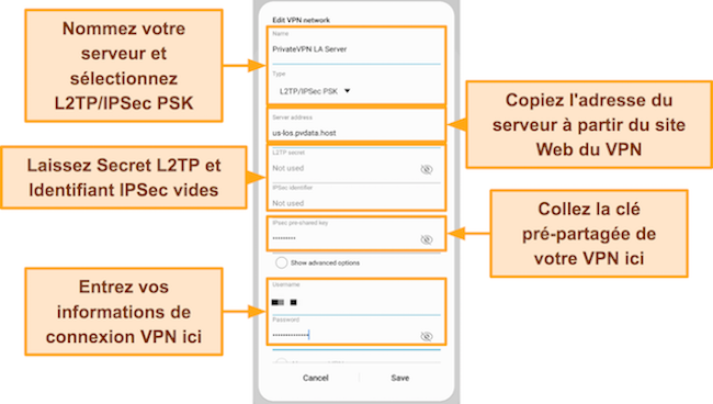Capture d'&eacute;cran des d&eacute;tails de la configuration manuelle de VyprVPN dans les param&egrave;tres de connexion du profil VPN int&eacute;gr&eacute; d'Android