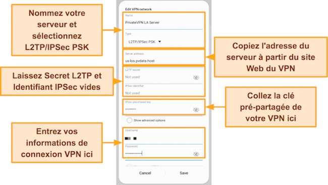 Capture d'&eacute;cran des d&eacute;tails de la configuration manuelle de PrivateVPN dans les param&egrave;tres de connexion du profil VPN int&eacute;gr&eacute; d'Android