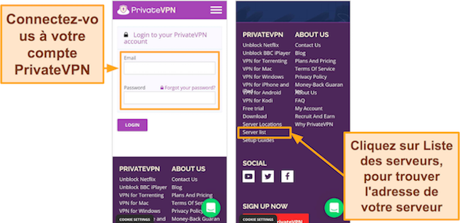 Capture d'&eacute;cran de l'&eacute;cran de connexion PrivateVPN et de la liste des serveurs dans le navigateur Google Chrome sur Android