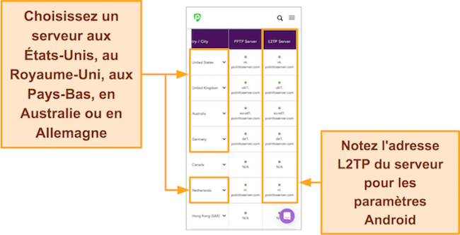 Capture d'&eacute;cran de la liste des serveurs PureVPN avec adresses dans le navigateur Google Chrome sur Android