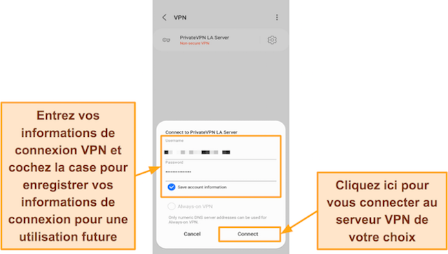 Capture d'&eacute;cran du nom d'utilisateur et du mot de passe PureVPN dans les param&egrave;tres de connexion du profil VPN int&eacute;gr&eacute; d'Android