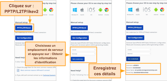 Capture d'&eacute;cran des identifiants de configuration manuelle StrongVPN dans le navigateur Google Chrome sur Android