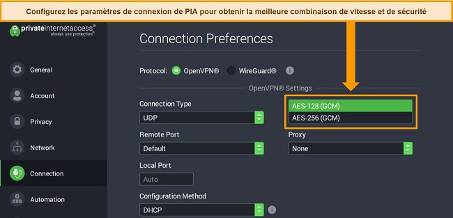 Capture d'&eacute;cran de l'application Windows de PIA avec les pr&eacute;f&eacute;rences de connexion ouvertes et les param&egrave;tres de cryptage mis en &eacute;vidence