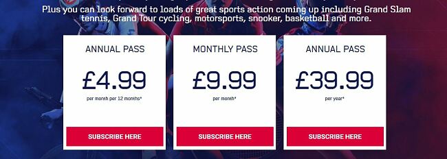 Screenshot of Eurosport's pricing table showing prices for Annual Pass, Monthly Pass, and Annual Pass