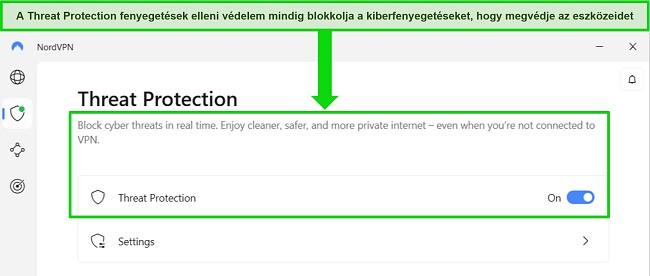 A NordVPN Windows-alkalmaz&aacute;s&aacute;nak k&eacute;pernyők&eacute;pe, amely azt mutatja, hogy a fenyeget&eacute;sv&eacute;delem funkci&oacute; mindig be van kapcsolva.