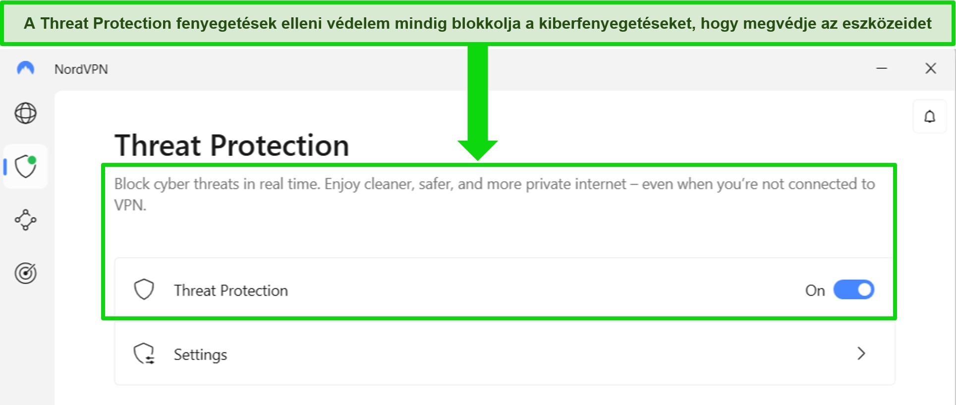 A NordVPN Windows-alkalmaz&aacute;s&aacute;nak k&eacute;pernyők&eacute;pe, amely azt mutatja, hogy a fenyeget&eacute;sv&eacute;delem funkci&oacute; mindig be van kapcsolva.