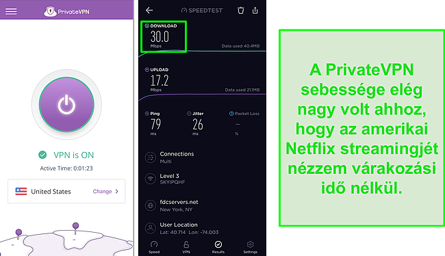 Pillanatk&eacute;p az amerikai szerverhez kapcsolt PrivateVPN-ről &eacute;s az Ookla sebess&eacute;gteszt