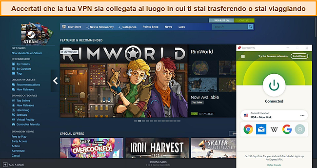 Screenshot della dashboard di Steam con ExpressVPN connesso a un server statunitense.