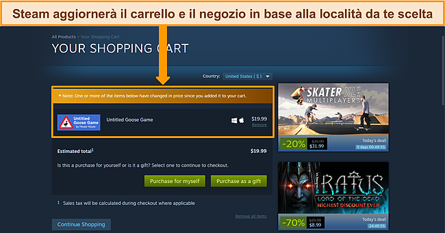 Screenshot della dashboard di Steam con valuta e carrello aggiornati in modo che corrispondano alla nuova posizione scelta.