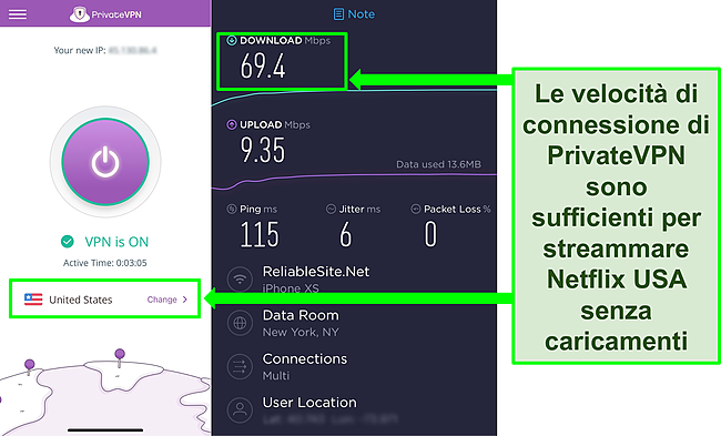 Screenshot di PrivateVPN connesso a un server statunitense, pi&ugrave; il risultato di un test di velocit&agrave; di Ookla.