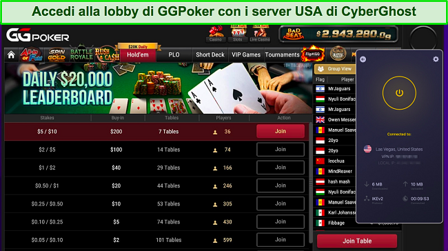 Screenshot della lobby di gioco di GGPoker utilizzando il server di CyberGhost a Las Vegas, Nevada, USA
