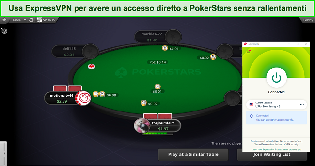 Screenshot del server del New Jersey di ExpressVPN che accede all'app Windows di PokerStars