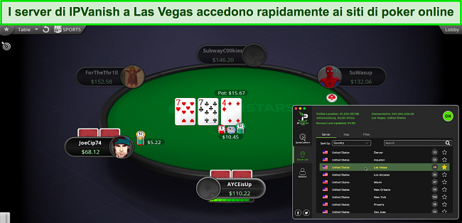 Screenshot di un gioco di poker attivo che utilizza il server di IPVanish a Las Vegas, Nevada, USA
