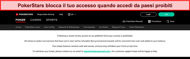 Screenshot dei messaggi di errore quando si tenta di accedere a PokerStars da un paese con restrizioni