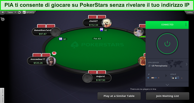 Screenshot di un gioco PokerStars mentre PIA &egrave; connesso a un server in Pennsylvania, USA