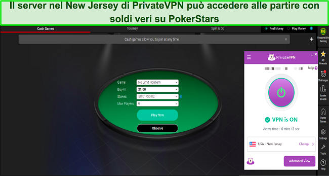 Screenshot dell'opzione Quick Seat di PokerStars mentre PrivateVPN &egrave; connesso a un server nel New Jersey, USA