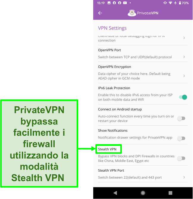 Screenshot dell'app PrivateVPN per Android che mostra la funzionalit&agrave; Stealth VPN che aiuta a bypassare i blocchi VPN