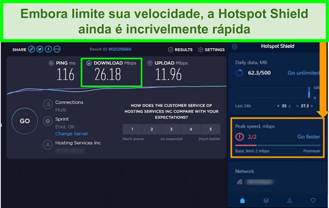 Captura de tela dos resultados do teste de velocidade enquanto conectado &agrave; interface Hotspot Shield