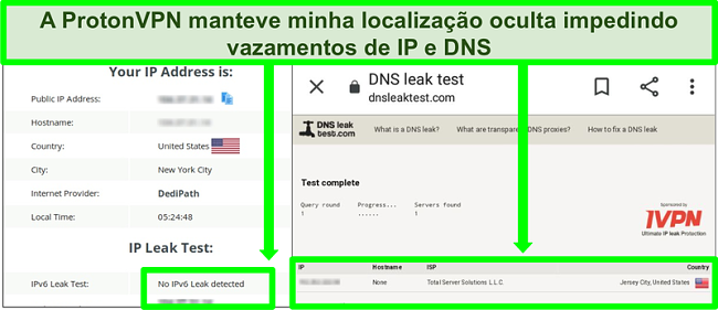 Captura de tela de um teste de vazamento de DNS e endere&ccedil;o IP que n&atilde;o mostra vazamentos de endere&ccedil;o IP enquanto conectado ao Proton VPN