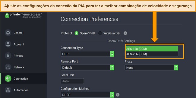Captura de tela do aplicativo Windows da PIA com Prefer&ecirc;ncias de conex&atilde;o abertas e configura&ccedil;&otilde;es de criptografia destacadas