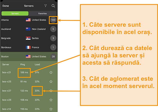 Captură de ecran a listei de servere IPVanish cu numerele de server, ping și &icirc;ncărcarea serverului evidențiate