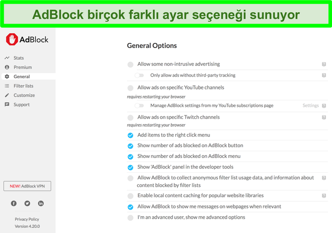 AdBlock'un bir&ccedil;ok &ouml;zelleştirme se&ccedil;eneğini g&ouml;steren ekran g&ouml;r&uuml;nt&uuml;s&uuml;