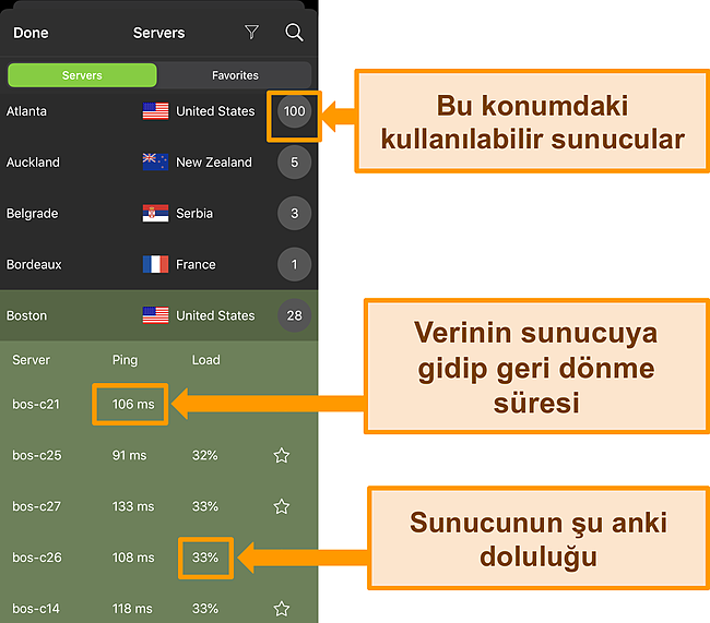Sunucu bilgilerinin vurgulandığı IPVanish iOS uygulamasının ekran g&ouml;r&uuml;nt&uuml;s&uuml;.