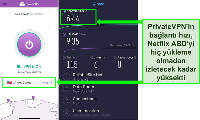 Bir ABD sunucusuna bağlı PrivateVPN'in ekran g&ouml;r&uuml;nt&uuml;s&uuml; ve bir Ookla hız testinin sonucu.