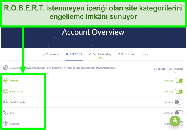 Winscribe ayarları sayfasının ekran g&ouml;r&uuml;nt&uuml;s&uuml;, reklamları, k&ouml;t&uuml; ama&ccedil;lı yazılımları ve web sitesi kategorilerini engelleme se&ccedil;eneklerini g&ouml;sterir