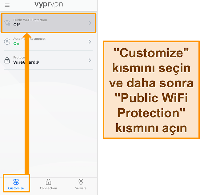 VyprVPN'in Genel WiFi Koruması ayarının ekran g&ouml;r&uuml;nt&uuml;s&uuml;.