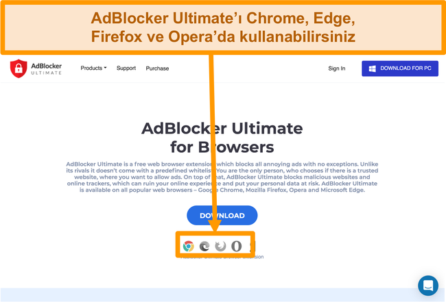Mevcut 4 web tarayıcısı uzantısını g&ouml;steren AdBlocker Ultimate web sitesinin ekran g&ouml;r&uuml;nt&uuml;s&uuml;
