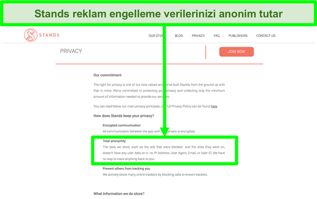 Stands web sitesinin, engellenen reklamlarla ilgili sahip olduğu verilerin hi&ccedil;bir zaman kullanıcıların kişisel bilgileriyle bağlantılı olmadığını belirten ekran g&ouml;r&uuml;nt&uuml;s&uuml;
