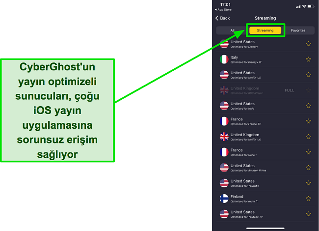 CyberGhost'un akış i&ccedil;in optimize edilmiş sunucularının ekran g&ouml;r&uuml;nt&uuml;s&uuml;
