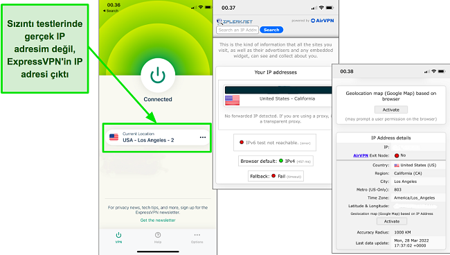 Sızıntılar i&ccedil;in ExpressVPN testinin ekran g&ouml;r&uuml;nt&uuml;s&uuml;