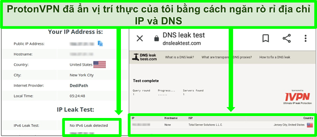 Ảnh chụp m&agrave;n h&igrave;nh kiểm tra r&ograve; rỉ địa chỉ IP v&agrave; DNS cho thấy kh&ocirc;ng c&oacute; địa chỉ IP n&agrave;o bị r&ograve; rỉ khi kết nối với Proton VPN