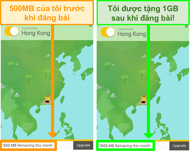 Ảnh chụp m&agrave;n h&igrave;nh của TunnelBear cung cấp th&ecirc;m 1GB dữ liệu để tweet